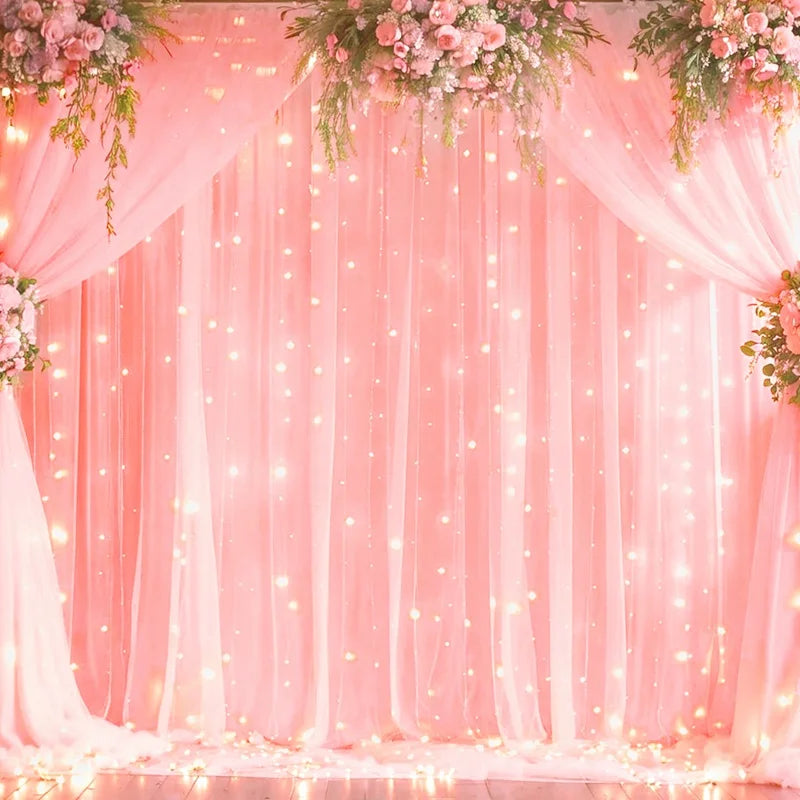 1 Set/2 Pieces Tulle Backdrop Curtains with Lights for Party Wedding Arch Baby Shower Birthday Party Photo Shoot Decorations