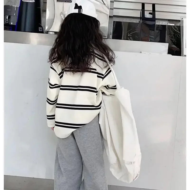 MINISO Simple Kids' Clothing Set for Girls - 2-Piece Outfit, Long Sleeve Striped Top + Loose Pants, for Teen Girls Ages 6-14
