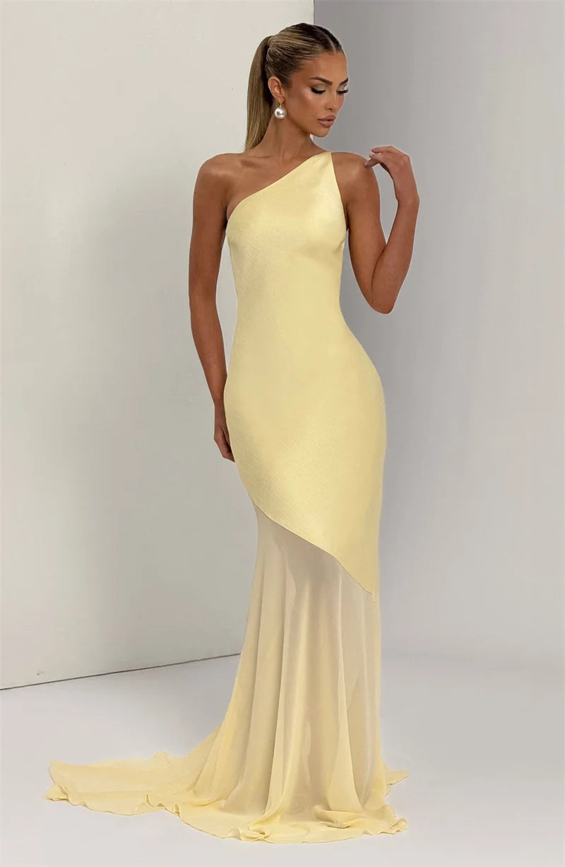 One-Shoulder Backless Maxi Dress for Women – Sleeveless Bodycon, Patchwork, Elegant Party & Club Gown