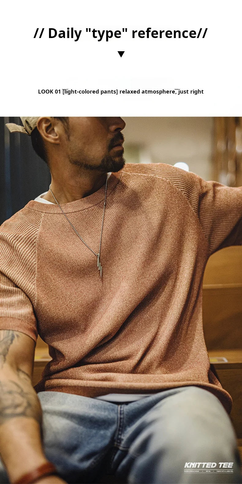 Maden New Vintage Orange Knitted Short Sleeve T-Shirt for Men – Summer Loose Fit Ribbed Crew Neck Tee, Breathable Casual Streetwear