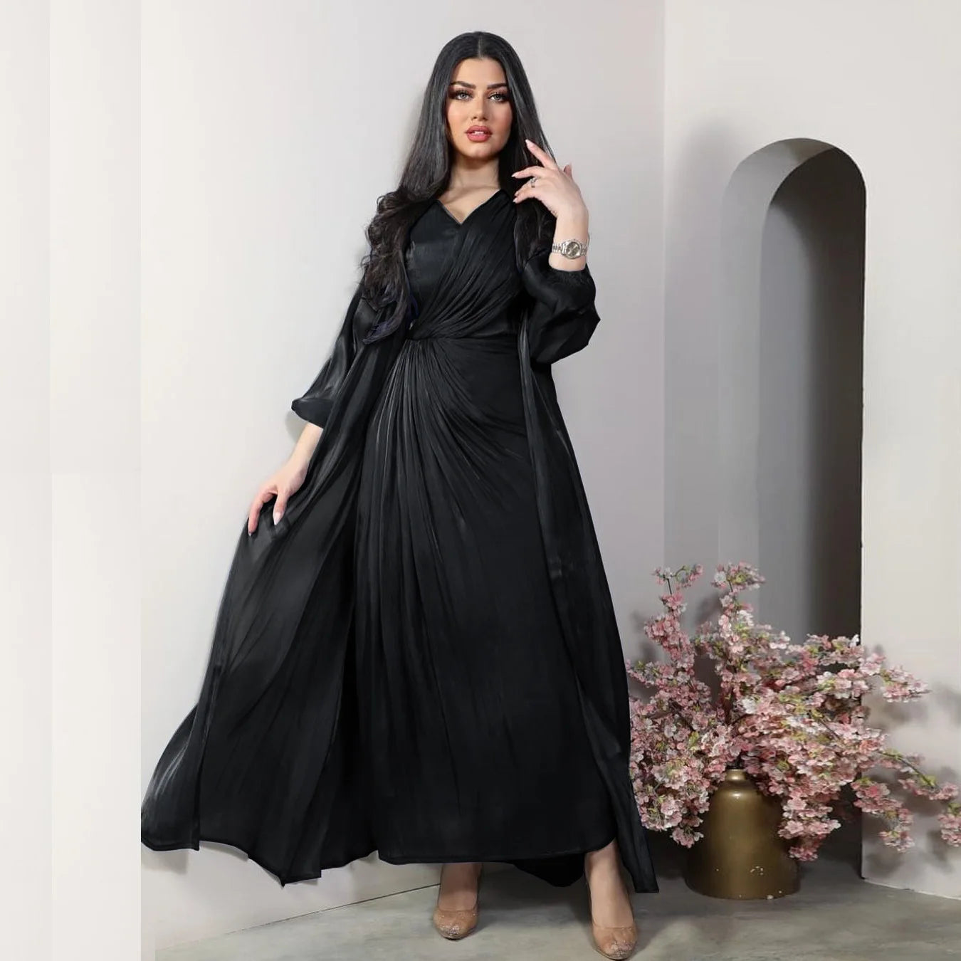 Moroccan women Party Dress Abaya 2 Piece Set Silky Satin Dubai Dresses Caftan Evening Long Robe Vestidos