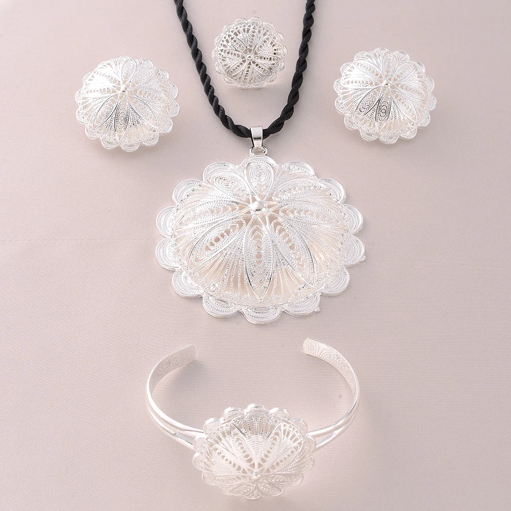 Big Size Silver plated Fashion Ethiopian Earrings/Pendant/Ring Jewelry Sets Silver Plate Africa Bride Wedding Eritrea Set Gifts