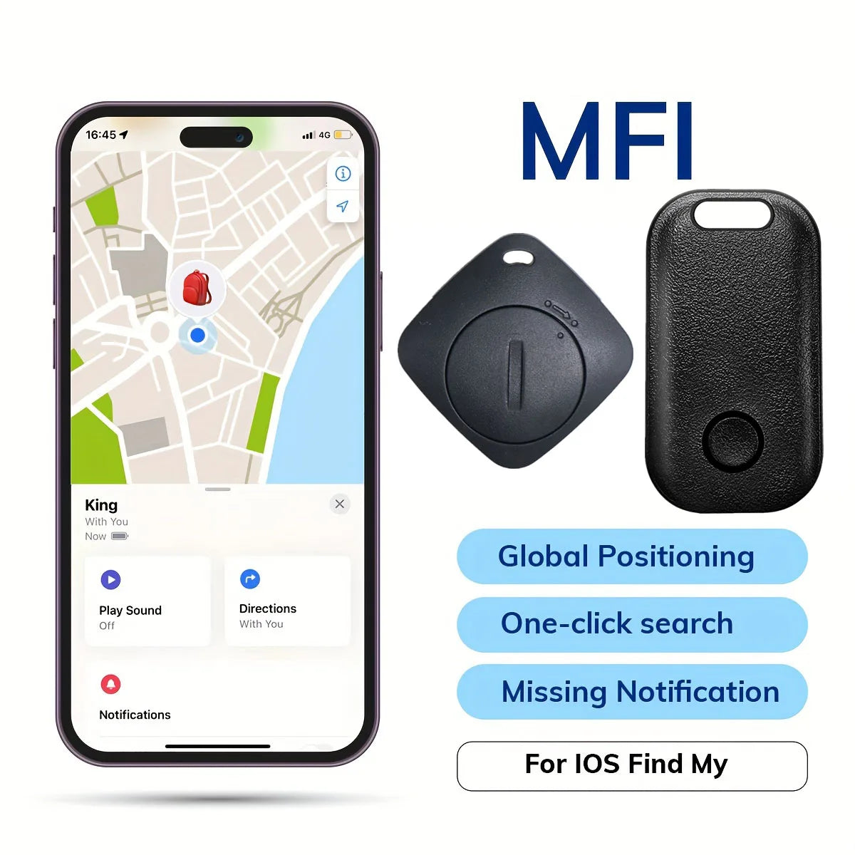 Smart GPS MFI-Rated Locator Bluetooth iTag Tracker for App, Anti-Lost Reminder, Global Positioning, Vehicle, Wallet, and Pet Finder Airtag