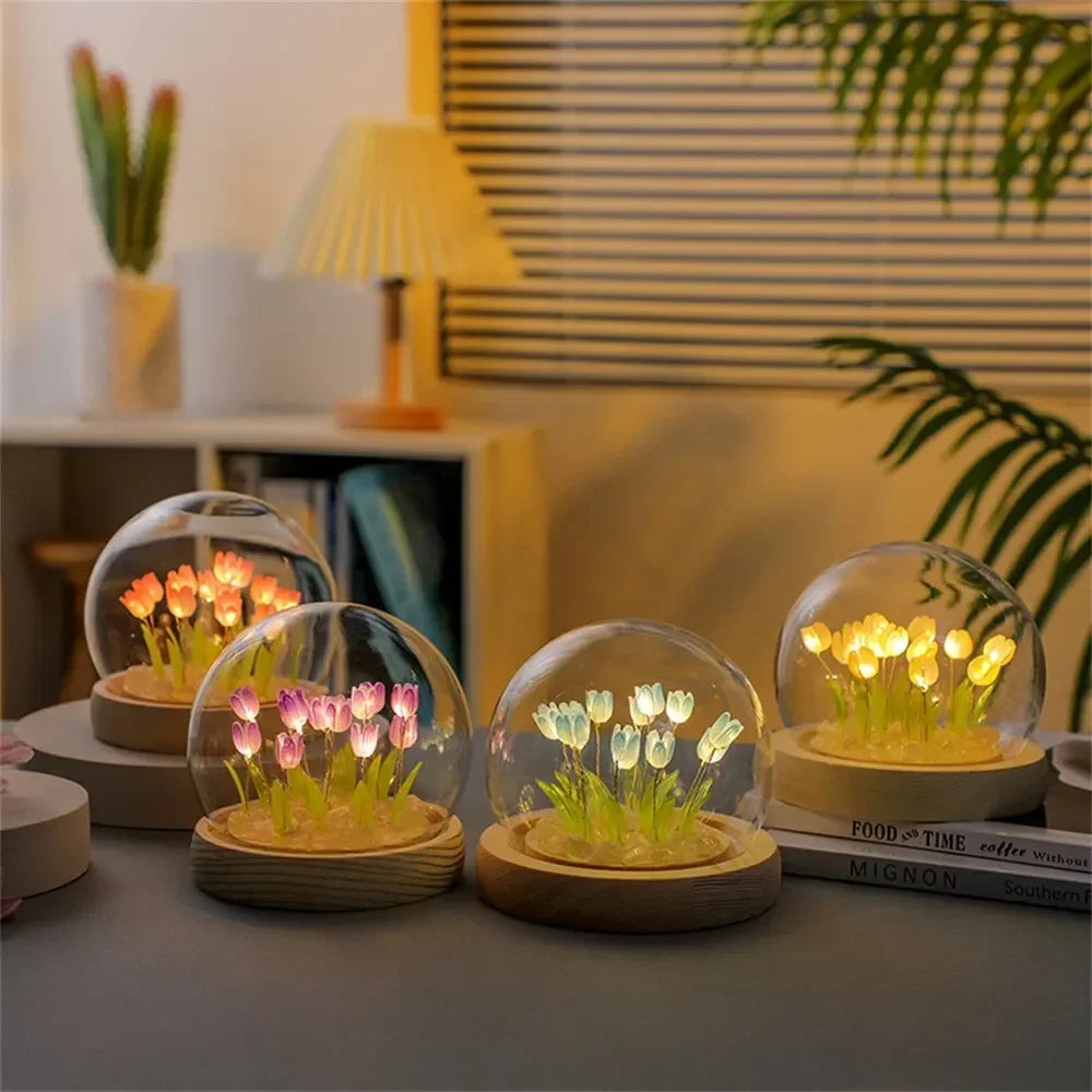 Handmade Artificial Tulip LED Night Light – DIY Transparent Cover Bedside Lamp | Home Decor & Ambient Lighting