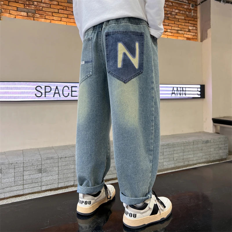 Boys' Straight-Leg Jeans –Street Style, Wide-Leg Fit with Back Pocket Letter Design, Sizes for Medium and Big Kids