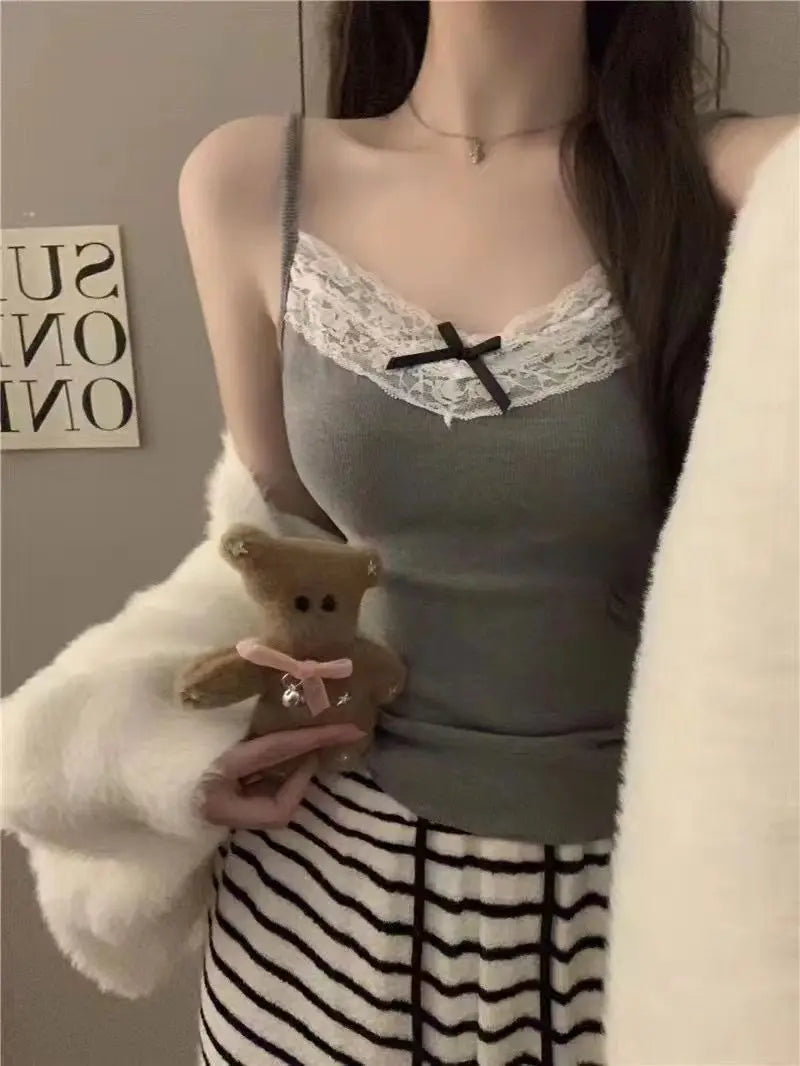 Women Camisole Tank Tops Bow Sleeveless Corset Top with Chest Pad Sweet Lace Patchwork Crop Slim Elegant Lady’s Camis