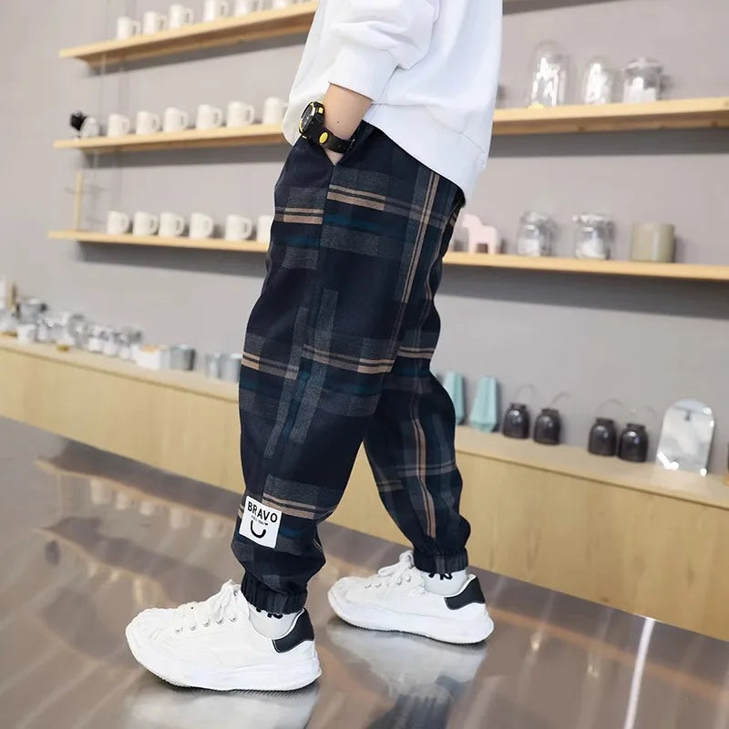 Boys' Cotton Plaid Pants – Casual Loose Fit Trousers for Kids & Teens (Spring/Autumn)