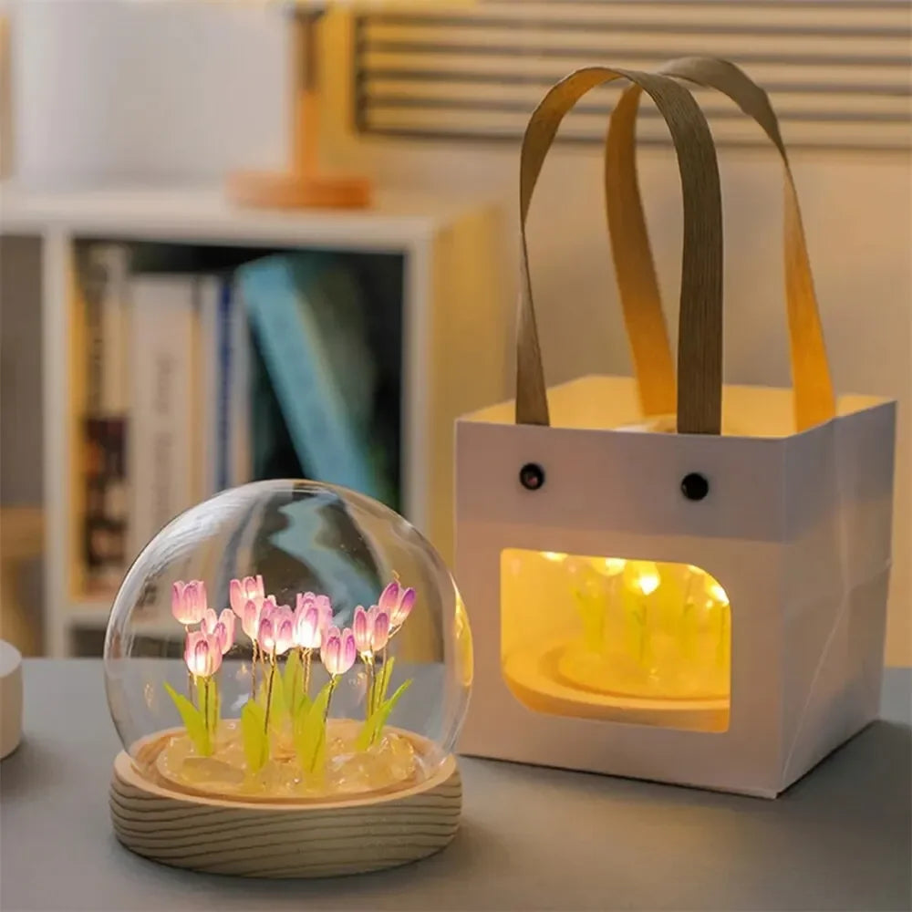 Handmade Artificial Tulip LED Night Light – DIY Transparent Cover Bedside Lamp | Home Decor & Ambient Lighting
