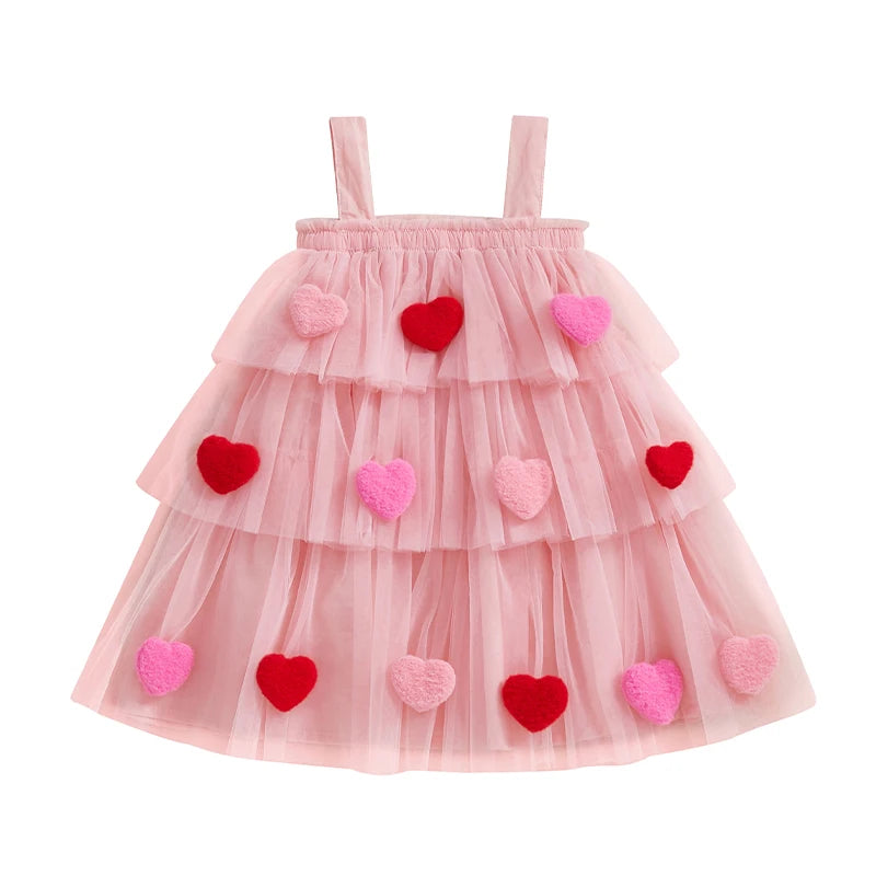 1-9 Years Girls Fashion Valentine Day Dress Kids Star Print Square Neck Sleeveless Children’s Layered Tulle with 3D Heart Clothes