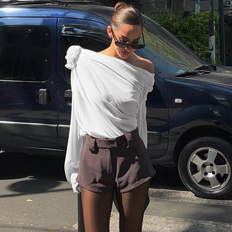 Women Chiffon Blouse Fashion OL One Shoulder Off Long Sleeve Blouse Female T Shirt