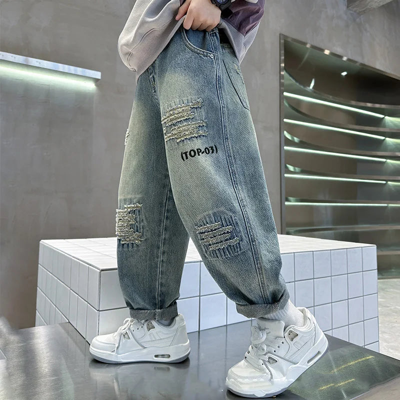 Autumn Boys' Loose Fit Jeans – Kids Baggy Denim Pants for Ages 4-14