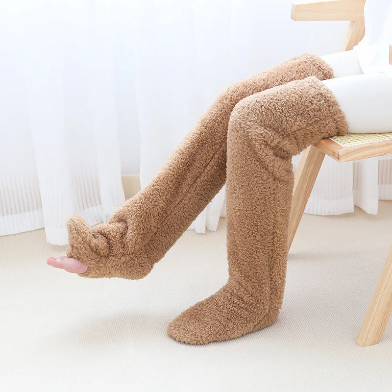 Over Knee Long Winter Socks Thigh High Double-sided Fleece Stockings Socks Solid Color Plush Leg Home Office Warmers