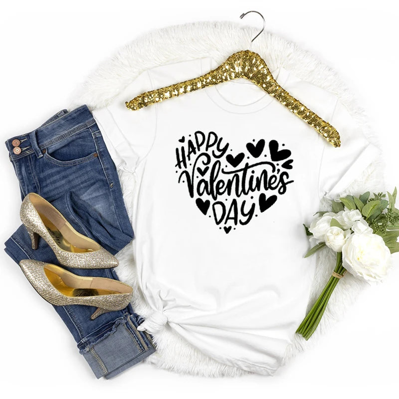 Happy Valentine's Day Crew Neck Short Sleeve T-shirt Women Heart Love Design Fashion Casual Tops Valentines Day Gifts T-shirts