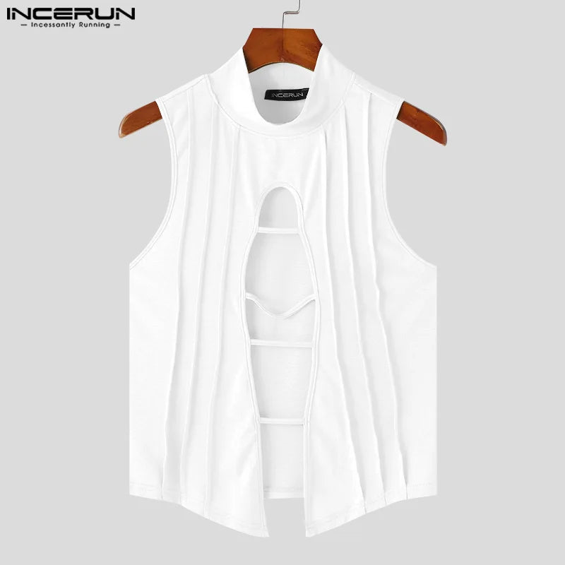 Stylish Clubwear Tops – INCERUN Men's Hollow-Out Semi High Neck Knitted Vests, Fashion Sleeveless Solid Tank Tops (Sizes S–5XL)