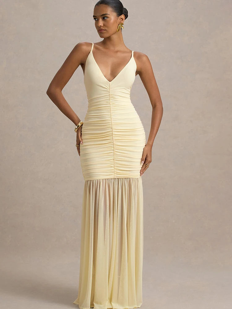 Women's Patchwork V-Neck Maxi Dress – Backless High-Waist Ruched Evening Gown