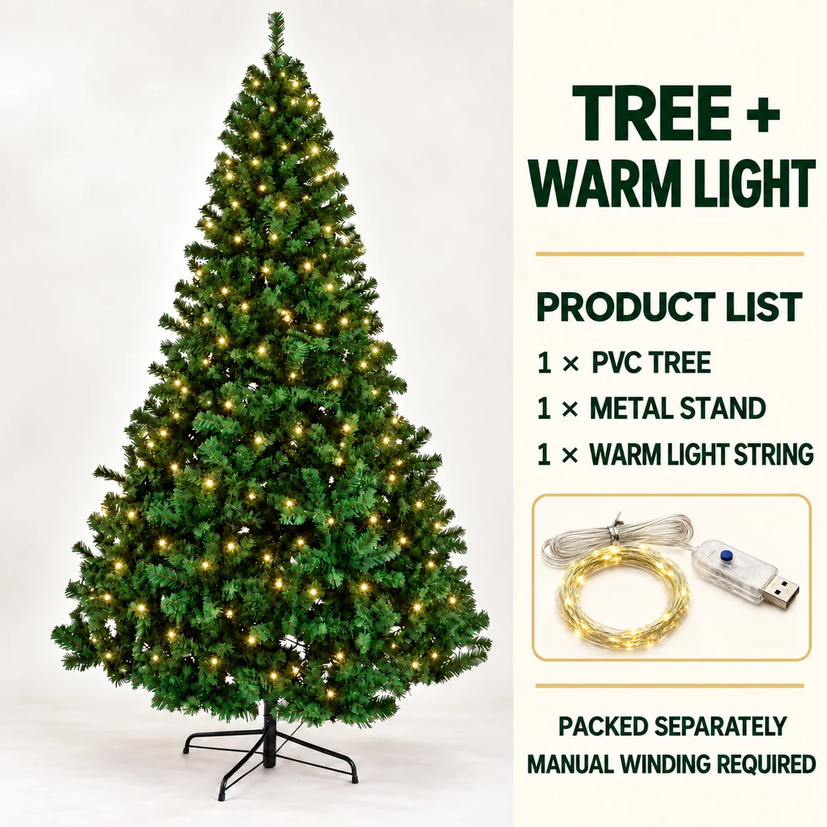 Green Artificial Christmas Tree with Metal Stand, 120–300 cm PVC Holiday Tree with Optional Separate Warm White USB Light String