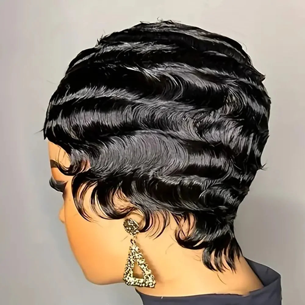 Short Finger Wave Human Hair Wig for Women – Brown Pixie Cut Ocean Wave Wig, Natural Color