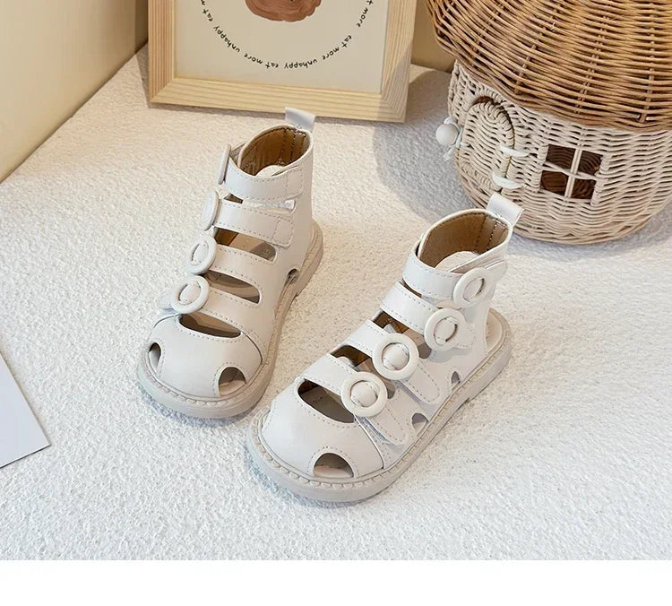 Kids High-Top Beach Shoes – Hollowed-Out Princess Sandals with Hook & Loop Strap | Trendy Summer Solid Color Children’s Sandals
