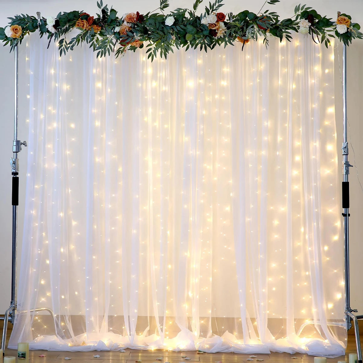 1 Set/2 Pieces Tulle Backdrop Curtains with Lights for Party Wedding Arch Baby Shower Birthday Party Photo Shoot Decorations