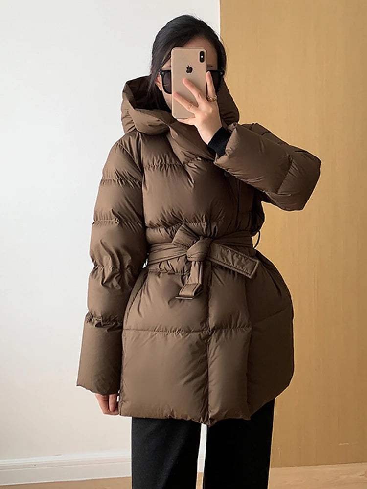 Women's Winter Jackets Ultra Light Warm Puffer Jacket With Belt Plus Size Hooded Female Jacket