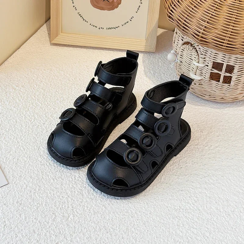 Kids High-Top Beach Shoes – Hollowed-Out Princess Sandals with Hook & Loop Strap | Trendy Summer Solid Color Children’s Sandals