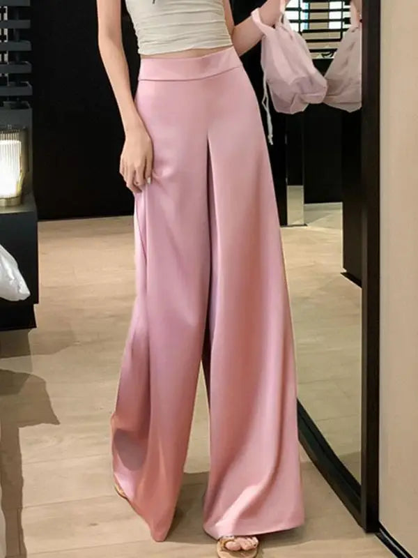 Women's High-Waisted White Satin Wide-Leg Pants – Elegant Floor-Length Spring/Summer Trousers