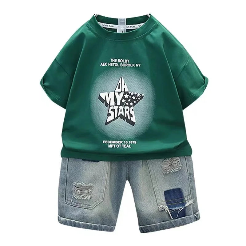 Kids Set New Summer Short Sleeve Pullover Shirt +Jeans Pants 2pcs Outfits Baby Boys Sport Clothes Girls Boutique Clothing Korean Style