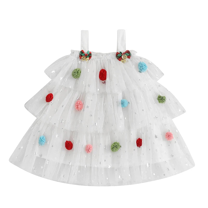 1-9 Years Girls Fashion Valentine Day Dress Kids Star Print Square Neck Sleeveless Children’s Layered Tulle with 3D Heart Clothes