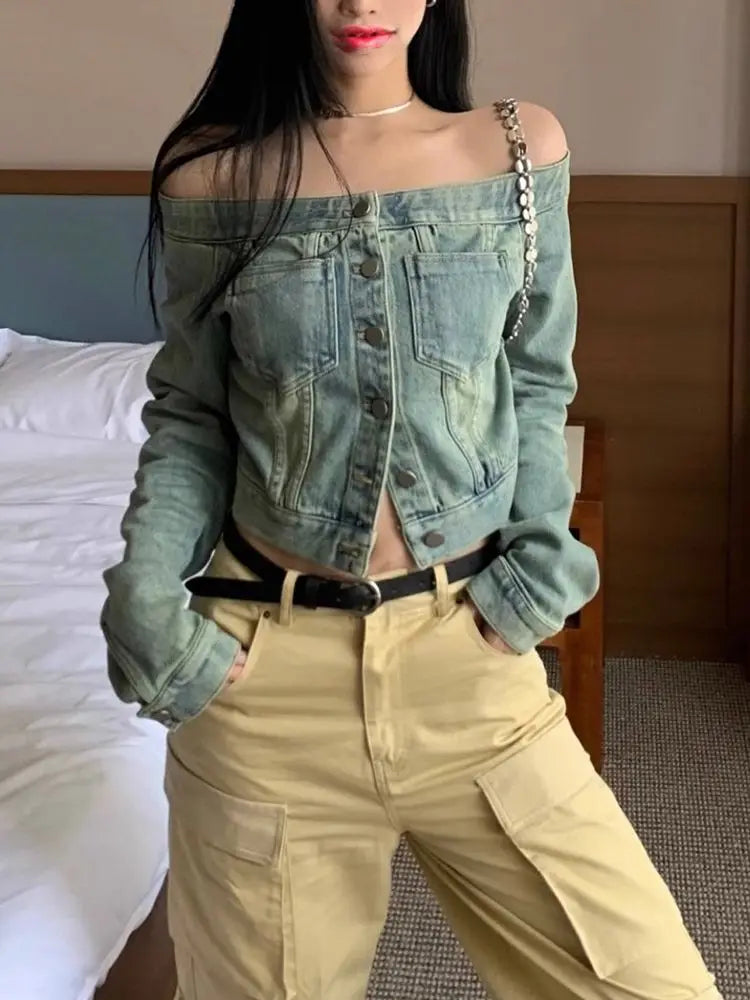 Korean Fashion Off-Shoulder Cropped Denim Jacket – Vintage Button-Up Long Sleeve Jean Shirt for Women