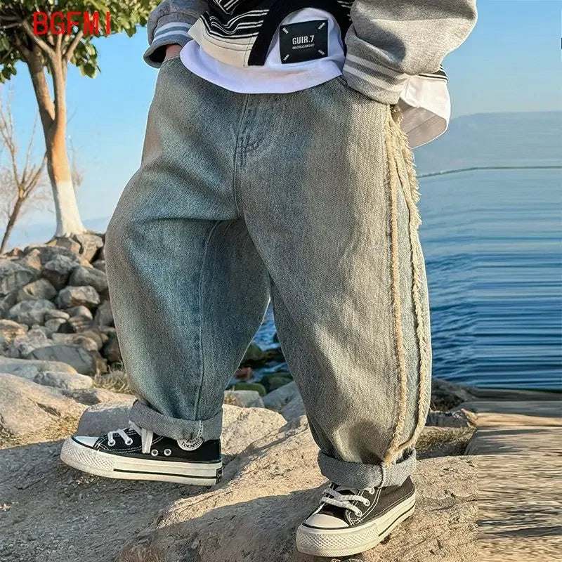 Spring Kids & Teens Streetwear Pants – Boys' Korean-Style Casual Straight-Leg Jeans with Elastic Waist