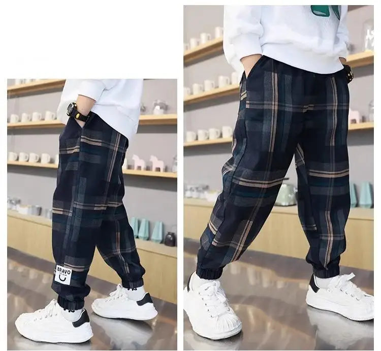 Boys' Cotton Plaid Pants – Casual Loose Fit Trousers for Kids & Teens (Spring/Autumn)