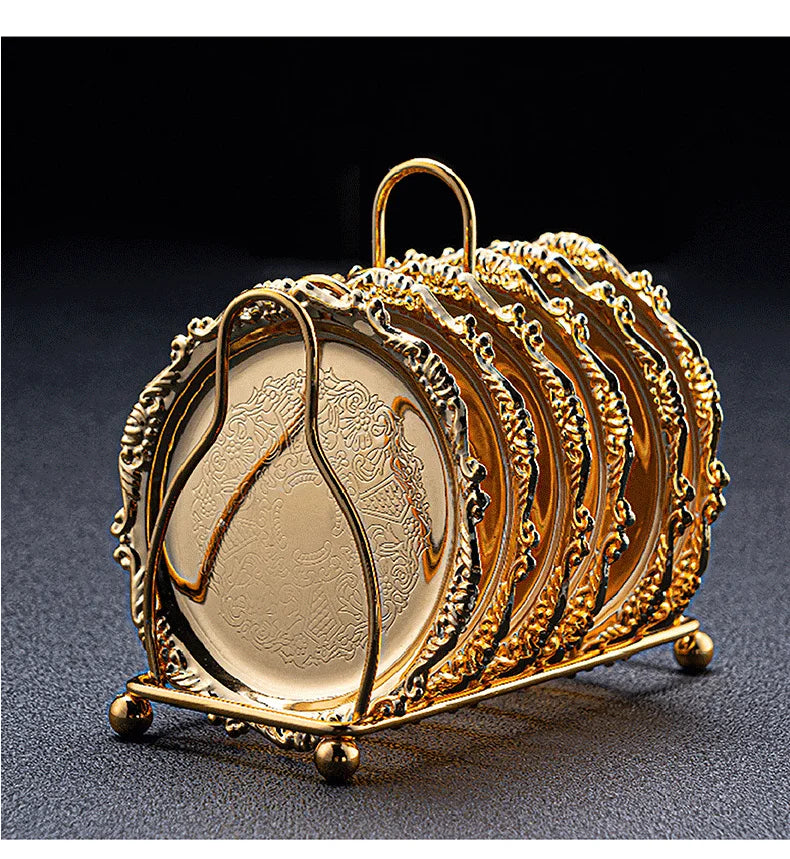 Vintage Golden Cocktail Coaster Metal Exquisite Cake Tray Set Silver Plated Mat Placemat Snack  Dishes Rack Set