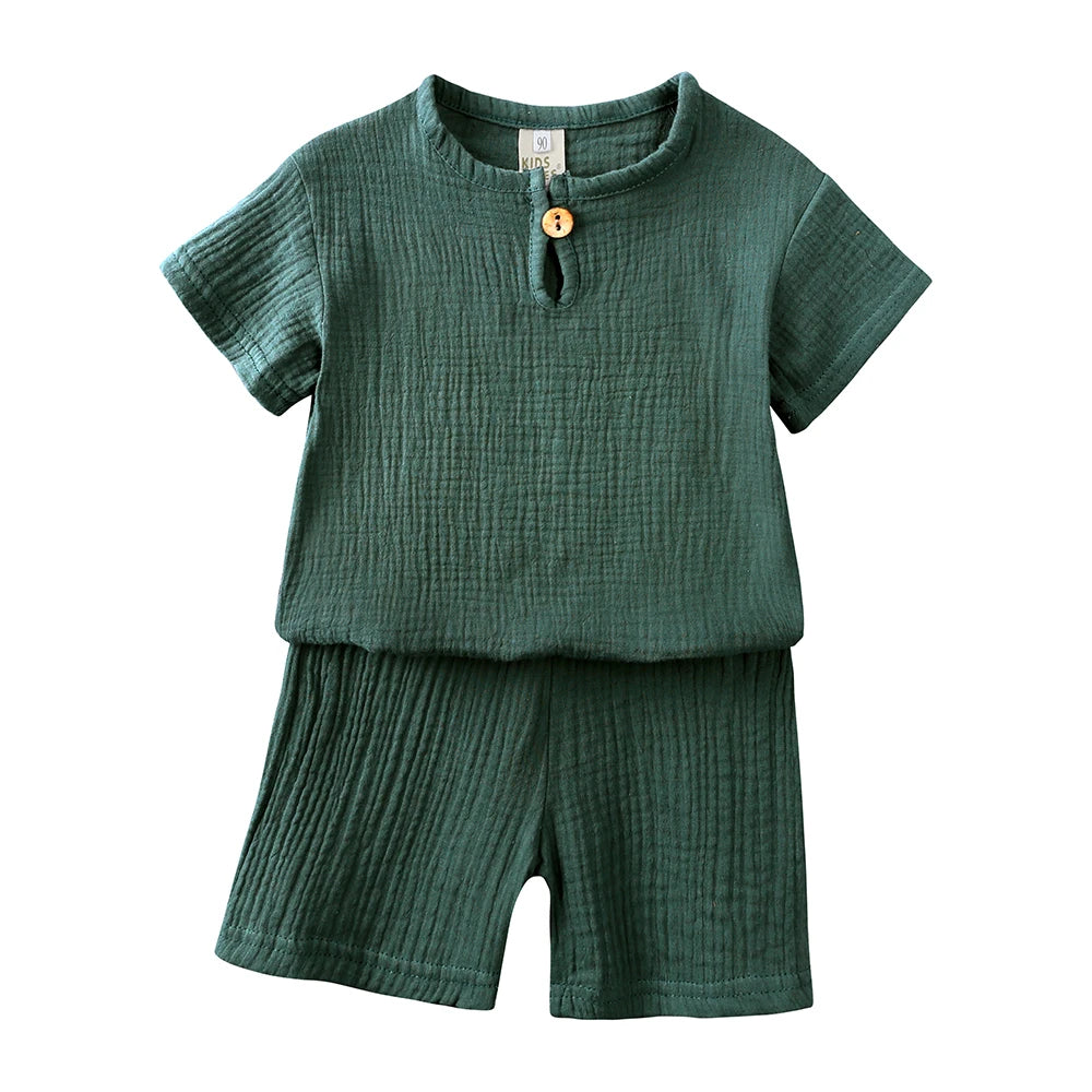 2025 Toddler Summer Boy Girl Outfits Cotton Linen Solid T-shirt Shorts Clothes For Children Korean Casual Breathable Clothes Set