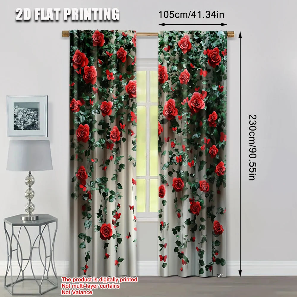 2Pcs 2D Flat Printed Rose & Butterfly Scene Curtains – Floral Polyester Panels, Machine Washable, No Electricity Required, Party or Room Decoration