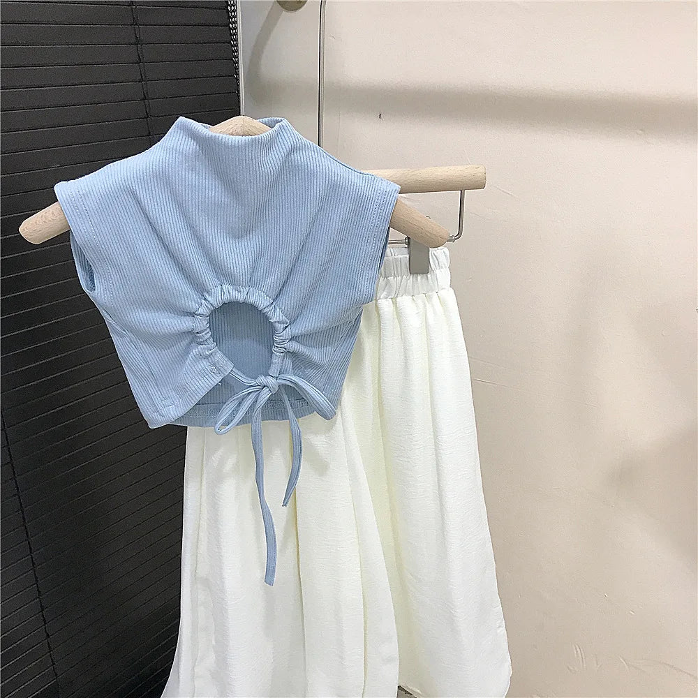 New Fashion Children Girls Two Pieces Set Backless T-Shirt Summer White Wide Leg Pants 2025 Solid Simple Blue Pleated