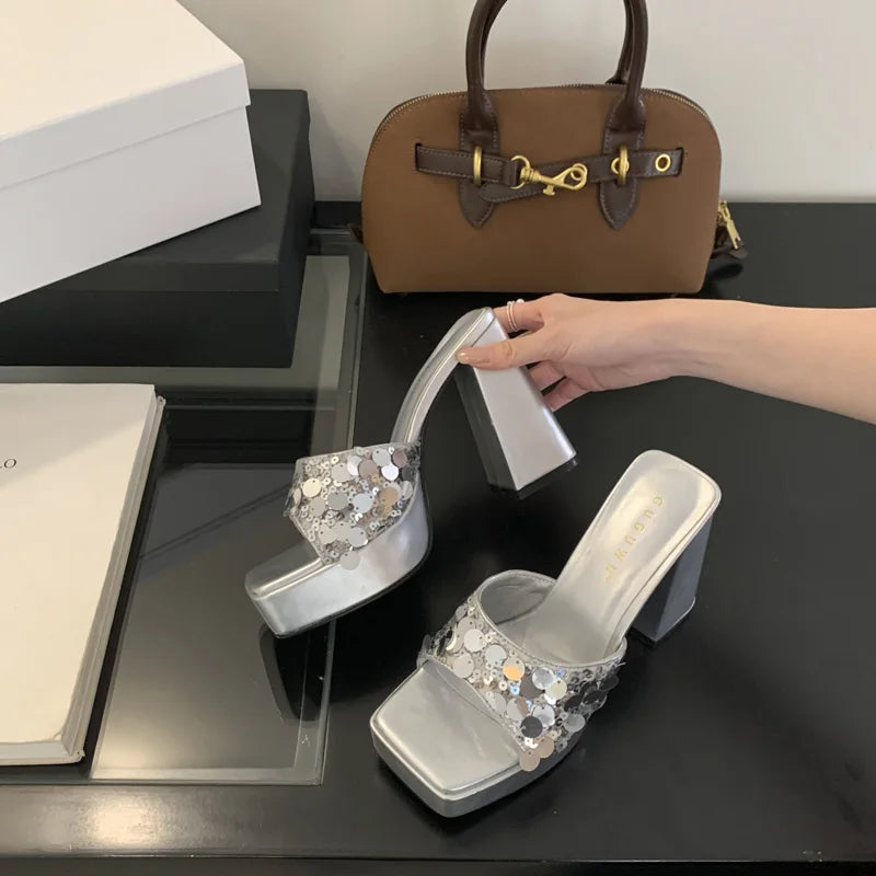 Silver & Pink Chunky Heel Platform Sandals – Square Toe Slip-On High Heels for Women