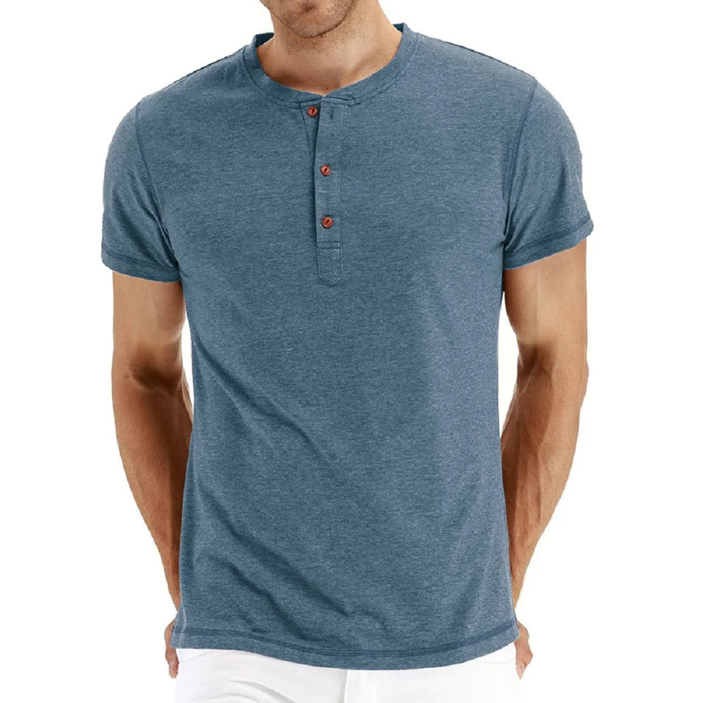 High Quality Cotton Henley T-Shirt for Men – Slim Fit, Short Sleeve, Solid Color, Fashion Casual Tee