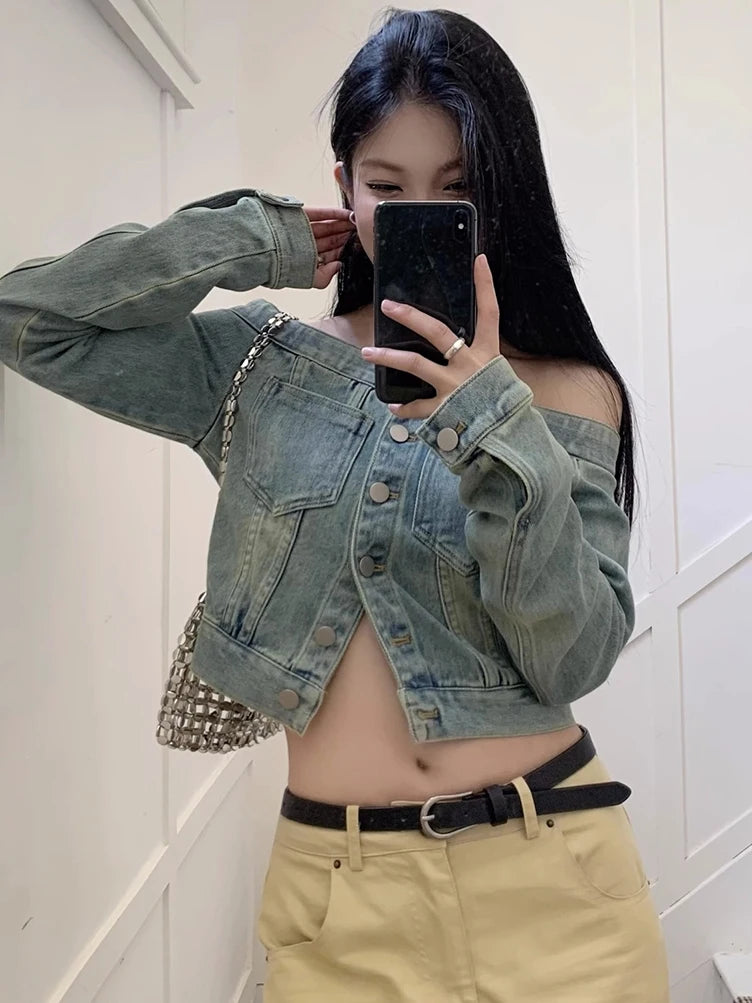 Korean Fashion Off-Shoulder Cropped Denim Jacket – Vintage Button-Up Long Sleeve Jean Shirt for Women
