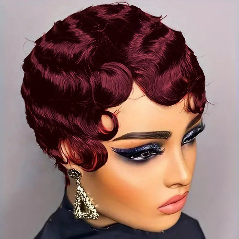 Short Finger Wave Human Hair Wig for Women – Brown Pixie Cut Ocean Wave Wig, Natural Color