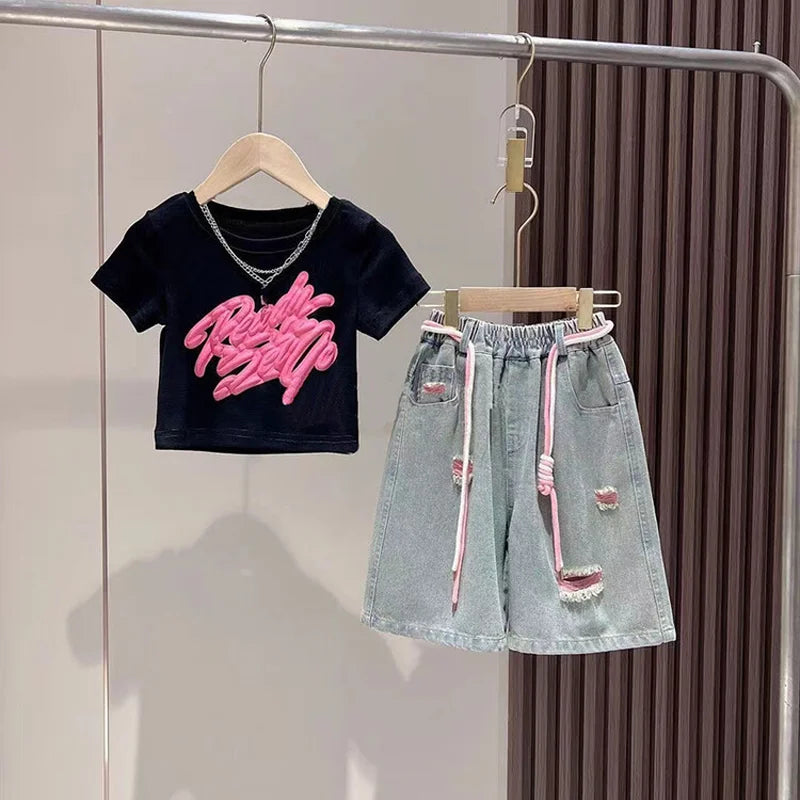 Girls' Summer Outfit – Short-Sleeve T-Shirt & Denim Shorts Set | Ripped Jeans or Wide-Leg Pants Options