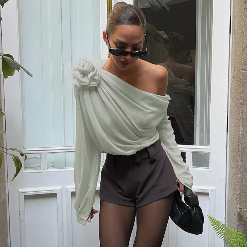 Women Chiffon Blouse Fashion OL One Shoulder Off Long Sleeve Blouse Female T Shirt