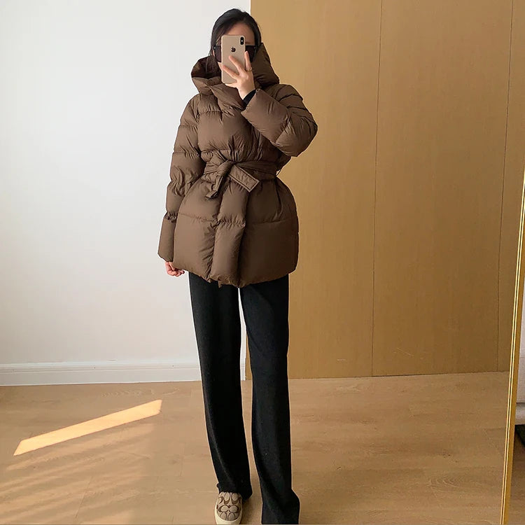 Women's Winter Jackets Ultra Light Warm Puffer Jacket With Belt Plus Size Hooded Female Jacket