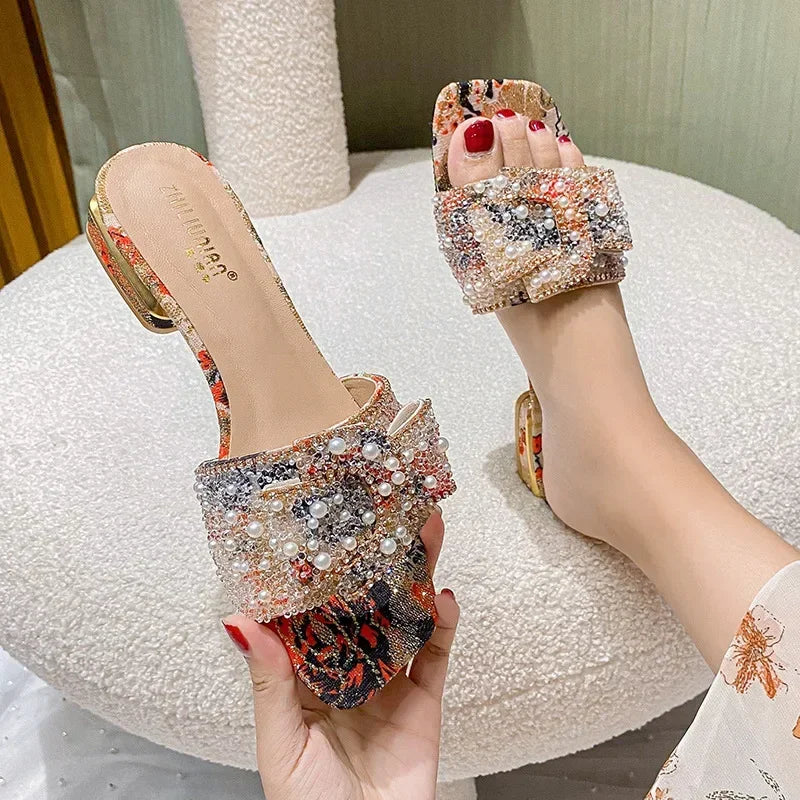 Women’s Slippers 2025 – Luxury Pearl Rhinestone Chunky Heel Sandals, Summer Butterfly-Knot Slip-On Shoes
