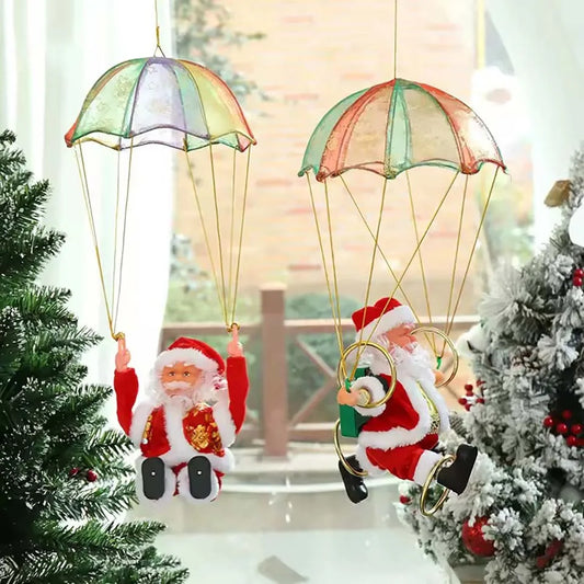 Battery-Operated Musical Santa Claus Parachute Ornament with Animated Flipping Motion, Hanging Indoor Christmas Decoration