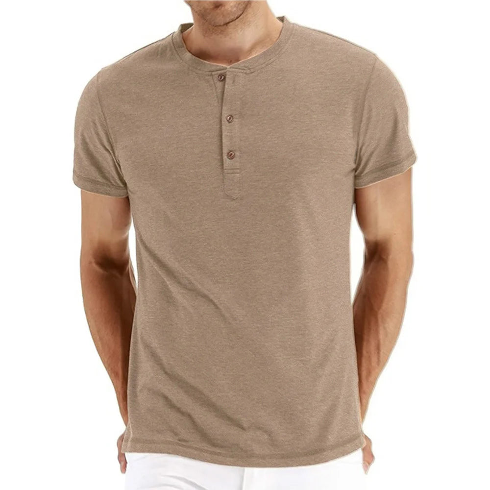 High Quality Cotton Henley T-Shirt for Men – Slim Fit, Short Sleeve, Solid Color, Fashion Casual Tee