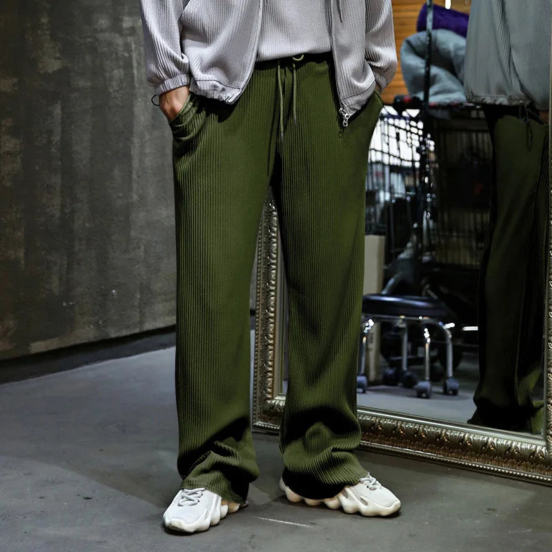 Men's Casual High-Waist Wide-Leg Pants – Loose Fit, Striped, Straight-Leg, Spring & Autumn Style