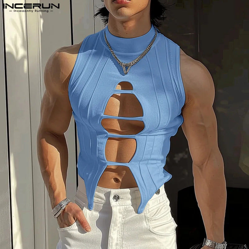 Stylish Clubwear Tops – INCERUN Men's Hollow-Out Semi High Neck Knitted Vests, Fashion Sleeveless Solid Tank Tops (Sizes S–5XL)