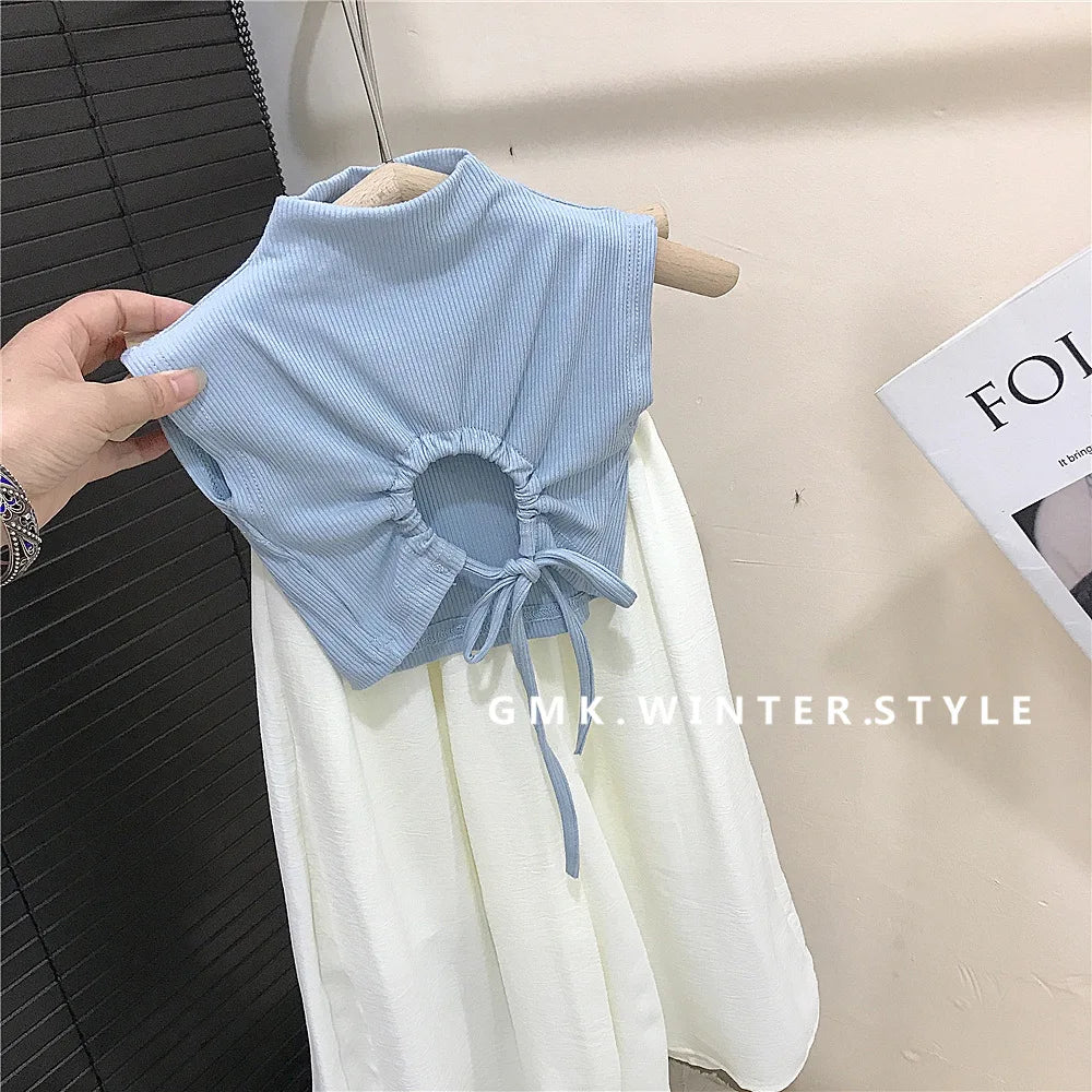 New Fashion Children Girls Two Pieces Set Backless T-Shirt Summer White Wide Leg Pants 2025 Solid Simple Blue Pleated