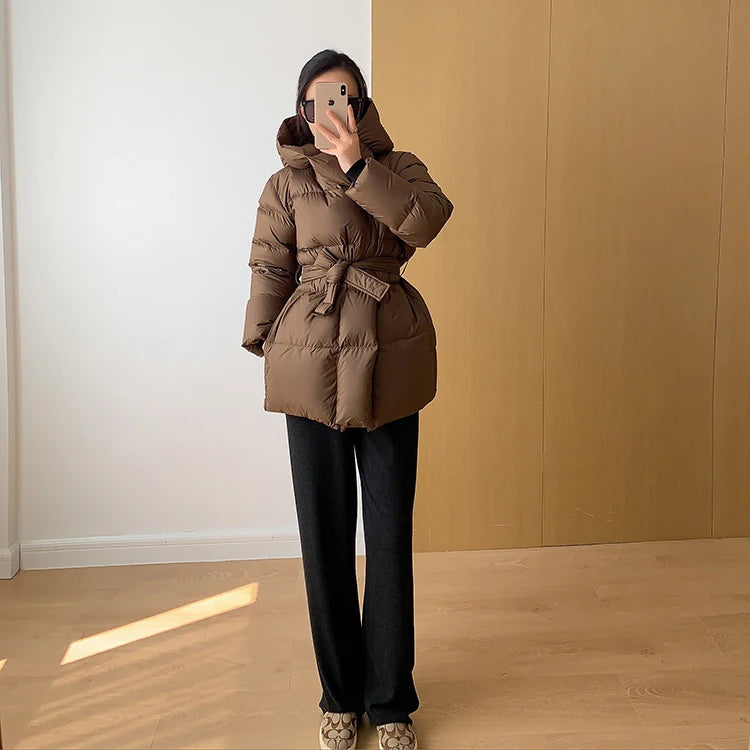Women's Winter Jackets Ultra Light Warm Puffer Jacket With Belt Plus Size Hooded Female Jacket
