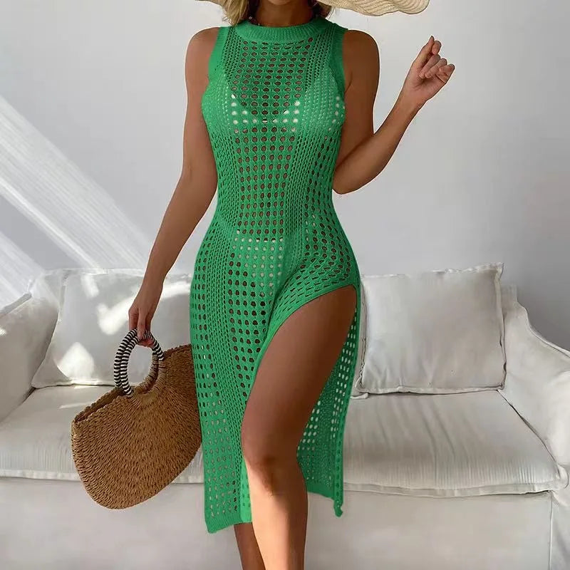 Summer Hollow Out Knitted Beach Cover Up Double Side Slits Women Dress Females Beachwear Round Neck Sleeveless Clothes